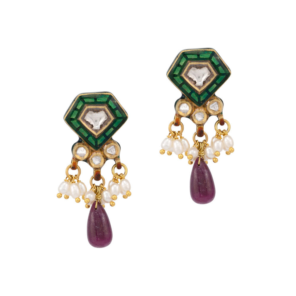 Green Talaf Polki Neacklace Set with Ruby Colour Drops